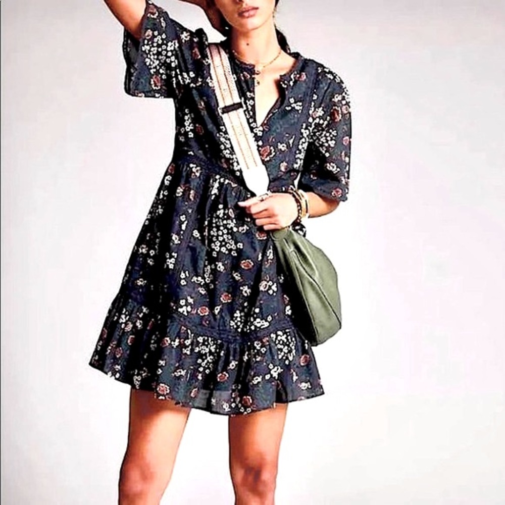 ANTHROPOLOGIE DRESS SIZE 2 BLACK FLORAL LACE COTTAGECORE FLOWY MOULINETTE …